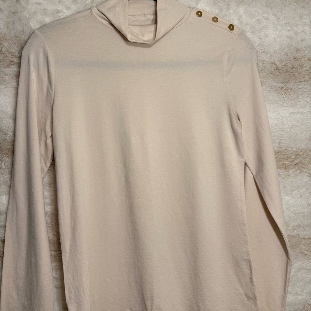 LOFT Cream Fitted Long Sleeve Blouse with Mandarin Collar